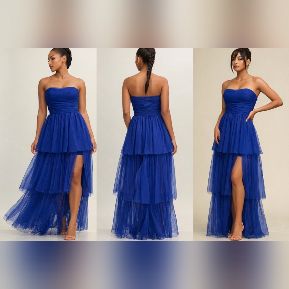 Luxxel Navy Strapless Tiered Tulle Dress